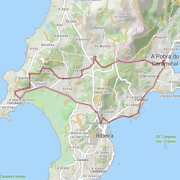 Miniatua del mapa de inspiración ciclista "Ruta de ciclismo en grava desde A Pobra do Caramiñal" en Galicia, Spain. Generado por Tarmacs.app planificador de rutas ciclistas