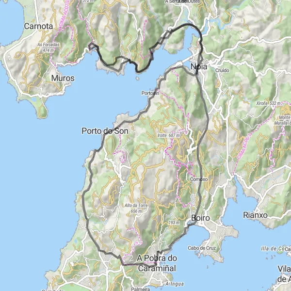Miniatura mapy "Trasa szosowa z A Pobra do Caramiñal" - trasy rowerowej w Galicia, Spain. Wygenerowane przez planer tras rowerowych Tarmacs.app