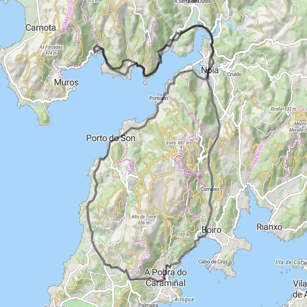 Miniatua del mapa de inspiración ciclista "Ruta de ciclismo en carretera desde A Pobra do Caramiñal" en Galicia, Spain. Generado por Tarmacs.app planificador de rutas ciclistas