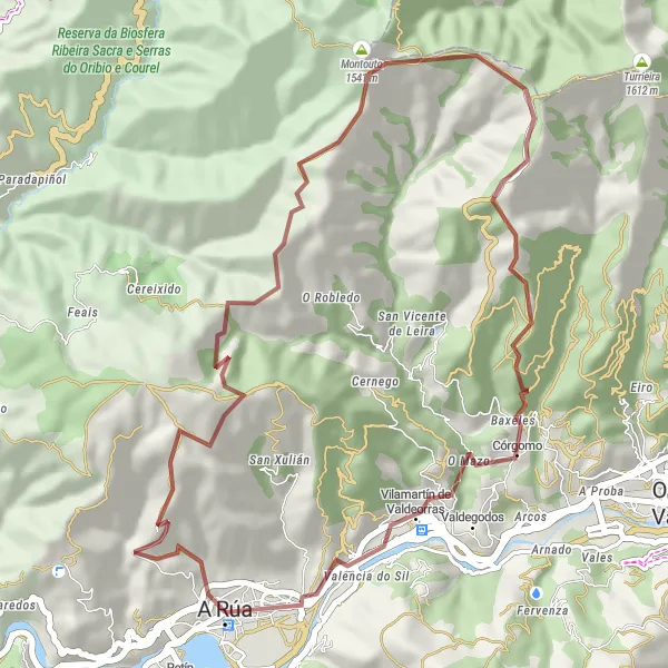 Miniatura della mappa di ispirazione al ciclismo "Rotabile di ghiaia vicino a A Rúa" nella regione di Galicia, Spain. Generata da Tarmacs.app, pianificatore di rotte ciclistiche