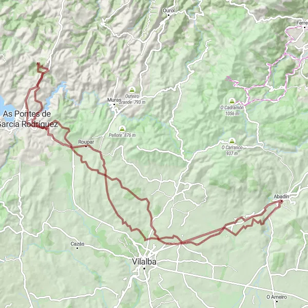 Miniatura della mappa di ispirazione al ciclismo "Tour in bicicletta su sterrato da Abadín" nella regione di Galicia, Spain. Generata da Tarmacs.app, pianificatore di rotte ciclistiche