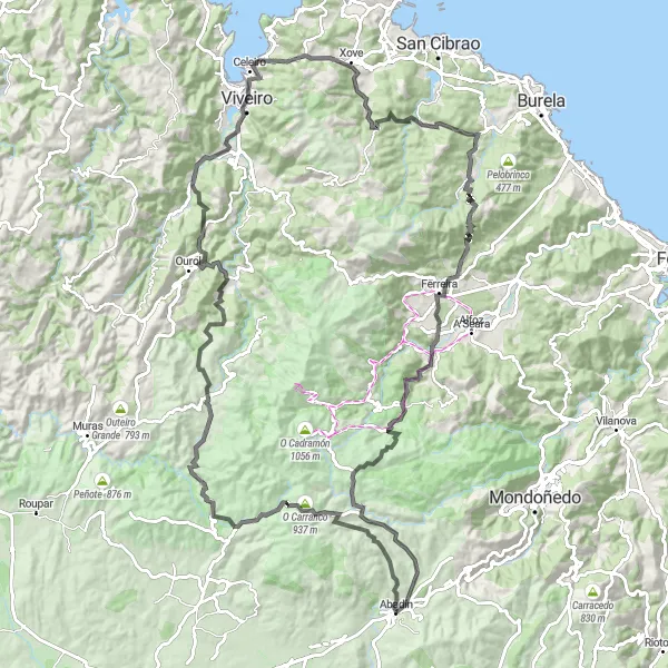 Miniatura della mappa di ispirazione al ciclismo "Cicloviaggio tra località costiere e montagne da Abadín" nella regione di Galicia, Spain. Generata da Tarmacs.app, pianificatore di rotte ciclistiche