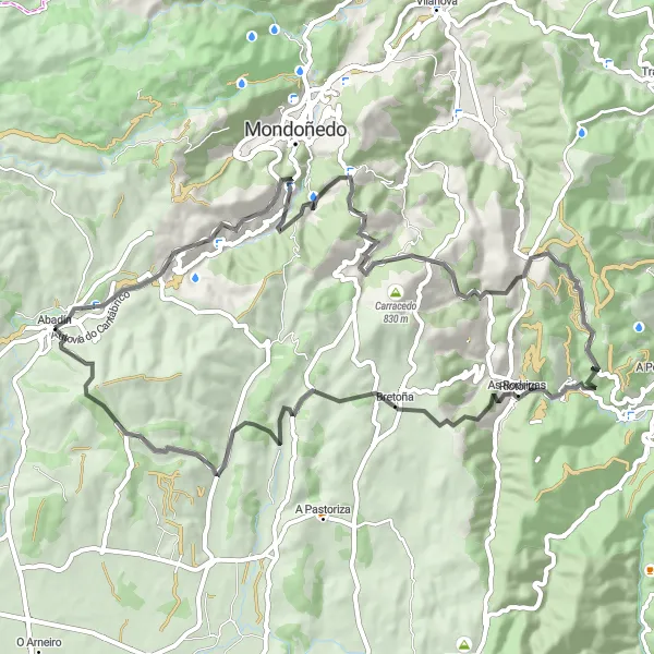 Miniatua del mapa de inspiración ciclista "Atracción de Gontán a Abadín a través de As Rodrigas y As Cales de Bretoña" en Galicia, Spain. Generado por Tarmacs.app planificador de rutas ciclistas