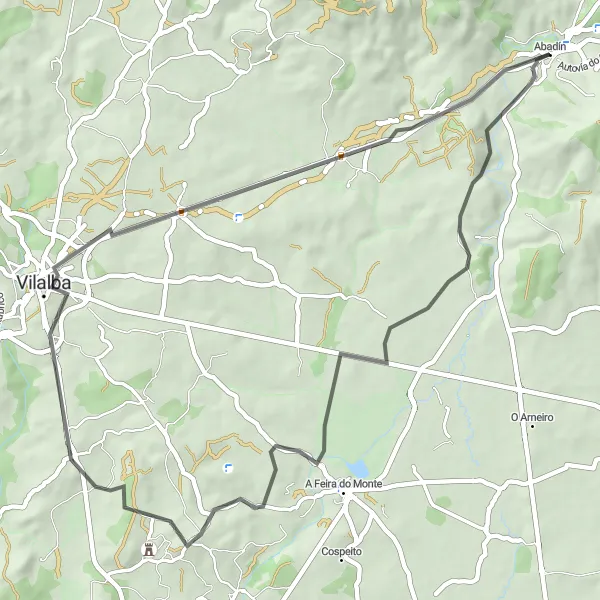 Miniatura della mappa di ispirazione al ciclismo "Giro in bicicletta da Abadín a Vilalba" nella regione di Galicia, Spain. Generata da Tarmacs.app, pianificatore di rotte ciclistiche