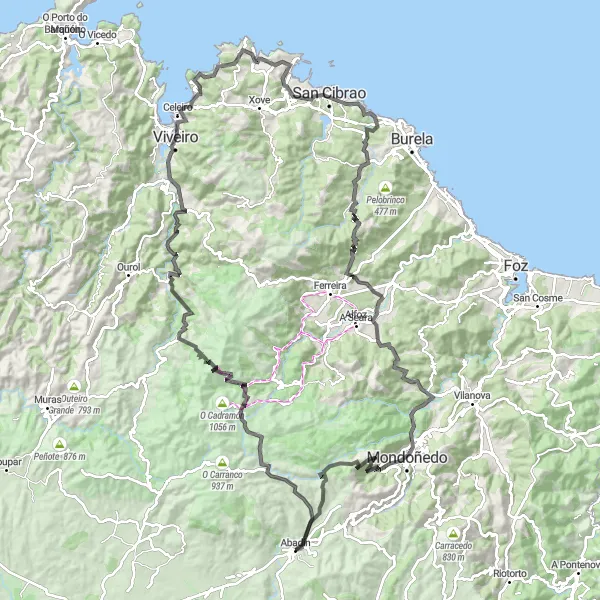 Miniatura della mappa di ispirazione al ciclismo "La Rotonda di Abadín" nella regione di Galicia, Spain. Generata da Tarmacs.app, pianificatore di rotte ciclistiche