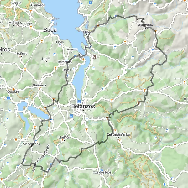 Miniatua del mapa de inspiración ciclista "Ruta de Ciclismo Road Escénica desde Abegondo" en Galicia, Spain. Generado por Tarmacs.app planificador de rutas ciclistas