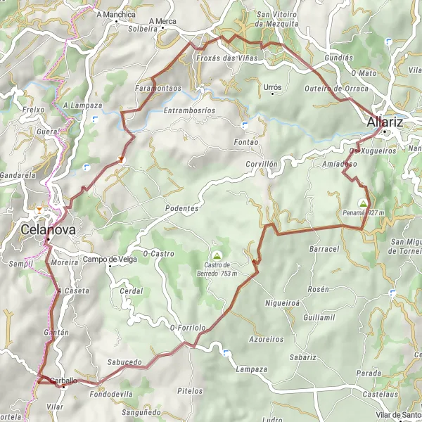 Miniature de la carte de l'inspiration cycliste "Aventure Gravel à travers l'Outeiro de Orraca" dans la Galicia, Spain. Générée par le planificateur d'itinéraire cycliste Tarmacs.app