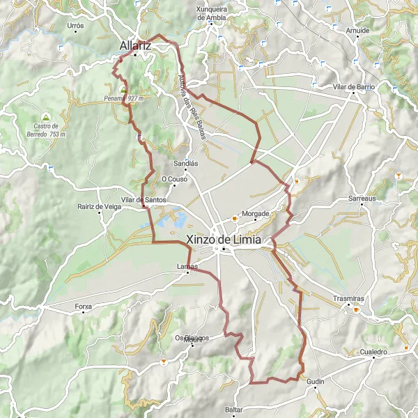 Map miniature of "Serene Gravel Journey" cycling inspiration in Galicia, Spain. Generated by Tarmacs.app cycling route planner