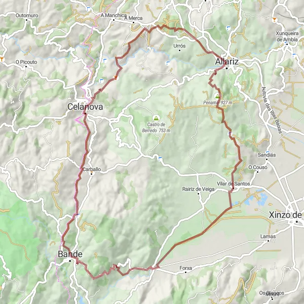 Map miniature of "Allariz Gravel Expedition" cycling inspiration in Galicia, Spain. Generated by Tarmacs.app cycling route planner