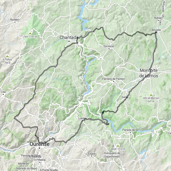 Miniature de la carte de l'inspiration cycliste "Circuit Routier d'Exploration de Luíntra" dans la Galicia, Spain. Générée par le planificateur d'itinéraire cycliste Tarmacs.app