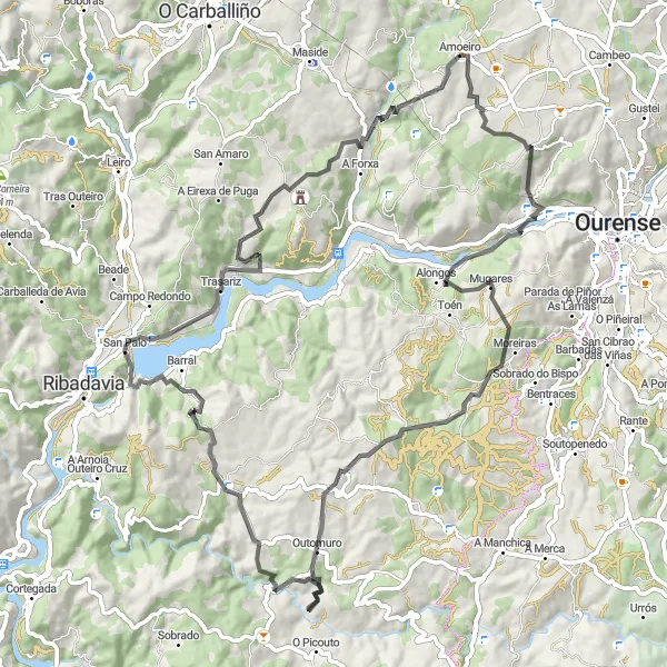 Miniaturní mapa "Okružní cyklostezka Amoeiro - Outomuro - Cartelle - Trasariz" inspirace pro cyklisty v oblasti Galicia, Spain. Vytvořeno pomocí plánovače tras Tarmacs.app