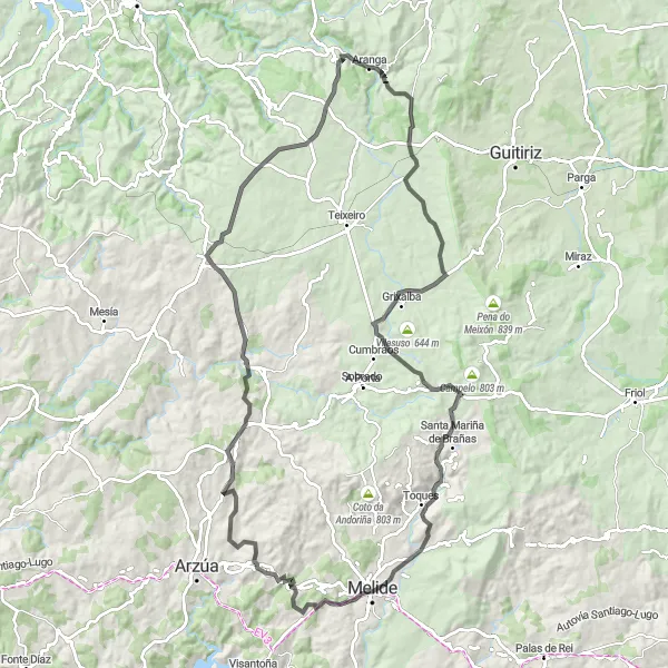 Miniatura della mappa di ispirazione al ciclismo "Tour ciclistico imperdibile da Aranga" nella regione di Galicia, Spain. Generata da Tarmacs.app, pianificatore di rotte ciclistiche