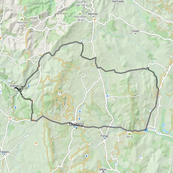 Karten-Miniaturansicht der Radinspiration "Rundumtour Aranga - Baamonde - Congostro" in Galicia, Spain. Erstellt vom Tarmacs.app-Routenplaner für Radtouren
