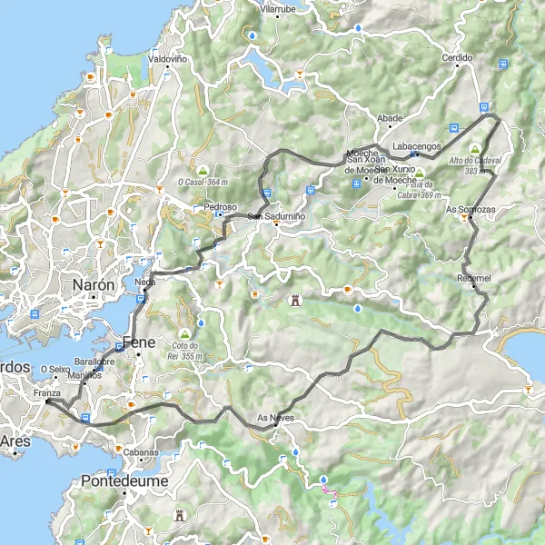 Miniatura della mappa di ispirazione al ciclismo "Ciclovia da Ares attraverso Ría de Ferrol e O Cruceiro" nella regione di Galicia, Spain. Generata da Tarmacs.app, pianificatore di rotte ciclistiche