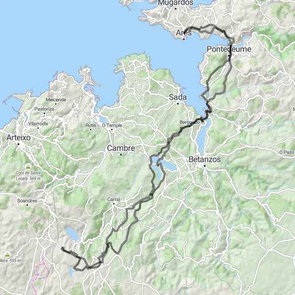 Miniatura della mappa di ispirazione al ciclismo "Giro in bicicletta attraverso Ares" nella regione di Galicia, Spain. Generata da Tarmacs.app, pianificatore di rotte ciclistiche