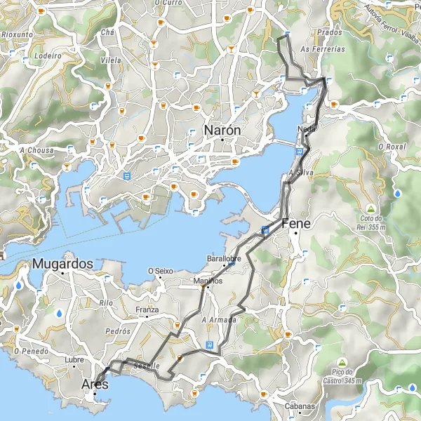Miniatua del mapa de inspiración ciclista "Ruta en Bicicleta de Carretera desde Ares" en Galicia, Spain. Generado por Tarmacs.app planificador de rutas ciclistas
