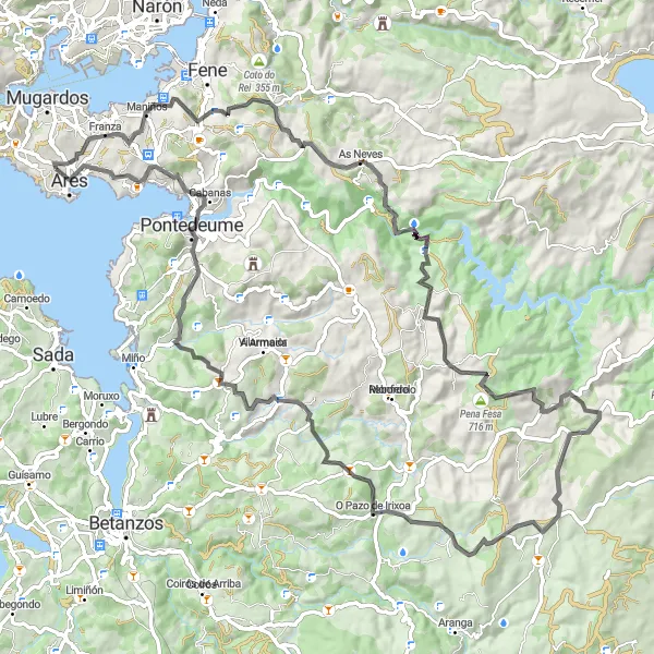 Miniatura della mappa di ispirazione al ciclismo "Circuito Panoramico attraverso il Galizia" nella regione di Galicia, Spain. Generata da Tarmacs.app, pianificatore di rotte ciclistiche