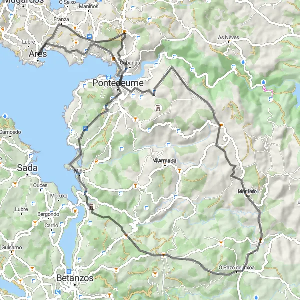 Miniatua del mapa de inspiración ciclista "Ruta en Bicicleta de Carretera desde Ares" en Galicia, Spain. Generado por Tarmacs.app planificador de rutas ciclistas