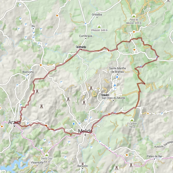 Miniatura della mappa di ispirazione al ciclismo "Giro in bicicletta su sterrato di 80 km vicino ad Arzúa" nella regione di Galicia, Spain. Generata da Tarmacs.app, pianificatore di rotte ciclistiche