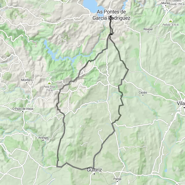 Miniatua del mapa de inspiración ciclista "Ruta de Ciclismo en Carretera desde As Pontes de García Rodríguez" en Galicia, Spain. Generado por Tarmacs.app planificador de rutas ciclistas