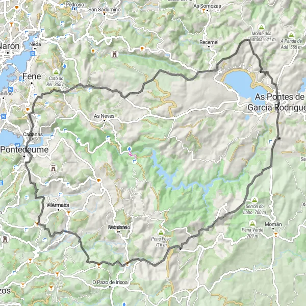 Miniatua del mapa de inspiración ciclista "Ruta de Ciclismo en Carretera desde As Pontes de García Rodríguez" en Galicia, Spain. Generado por Tarmacs.app planificador de rutas ciclistas