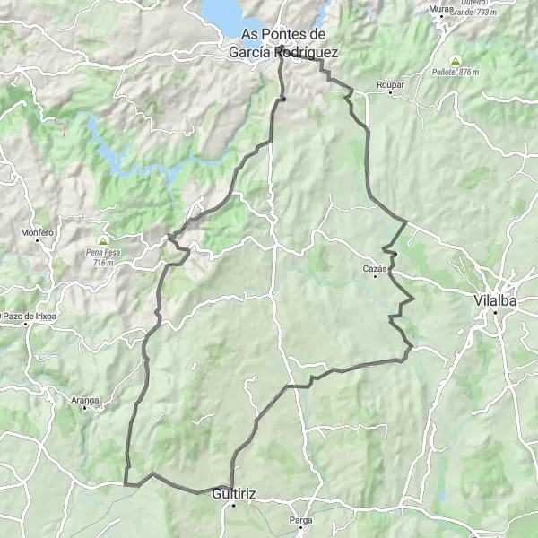 Miniatua del mapa de inspiración ciclista "Ruta en bicicleta de carretera desde As Pontes de García Rodríguez" en Galicia, Spain. Generado por Tarmacs.app planificador de rutas ciclistas