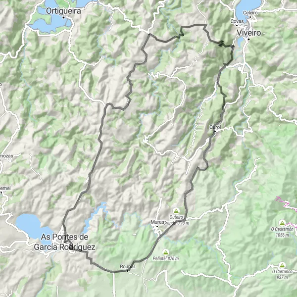 Miniatua del mapa de inspiración ciclista "Desafiante ruta en bicicleta de carretera desde As Pontes de García Rodríguez" en Galicia, Spain. Generado por Tarmacs.app planificador de rutas ciclistas