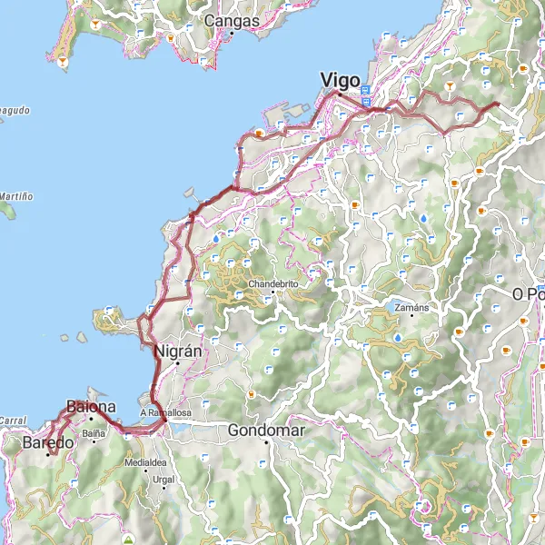 Miniatuurkaart van de fietsinspiratie "Gravel Round-Trip Cycling Route vanuit Baiona" in Galicia, Spain. Gemaakt door de Tarmacs.app fietsrouteplanner