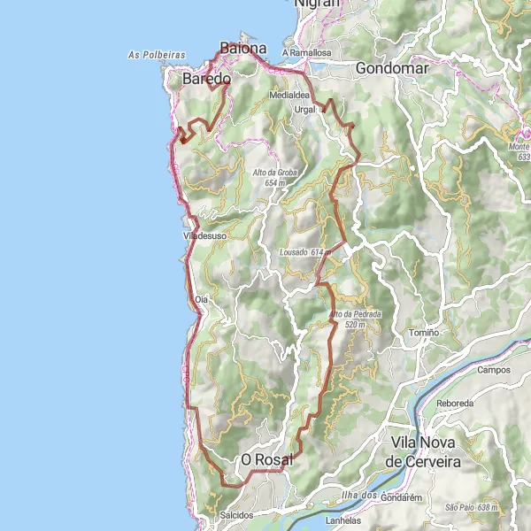 Miniatuurkaart van de fietsinspiratie "Gravel Round-Trip Cycling Route from Baiona" in Galicia, Spain. Gemaakt door de Tarmacs.app fietsrouteplanner