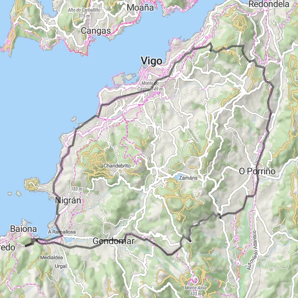 Miniatuurkaart van de fietsinspiratie "Rondrit Baiona naar Nigrán" in Galicia, Spain. Gemaakt door de Tarmacs.app fietsrouteplanner