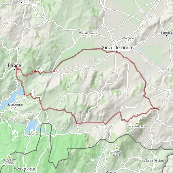 Miniature de la carte de l'inspiration cycliste "Bande - Xinzo de Limia Loop" dans la Galicia, Spain. Générée par le planificateur d'itinéraire cycliste Tarmacs.app