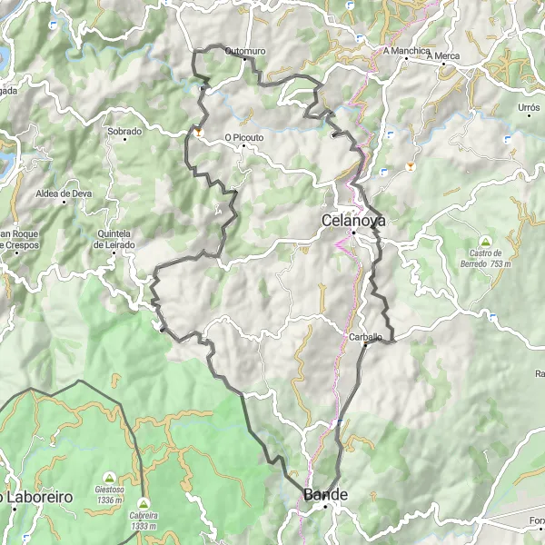 Miniature de la carte de l'inspiration cycliste "Road Adventure to O Tellado" dans la Galicia, Spain. Générée par le planificateur d'itinéraire cycliste Tarmacs.app
