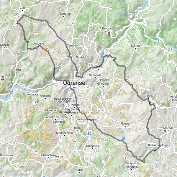 Miniaturní mapa "Cyklotrasa s historickými památkami v okolí Baños de Molgas" inspirace pro cyklisty v oblasti Galicia, Spain. Vytvořeno pomocí plánovače tras Tarmacs.app