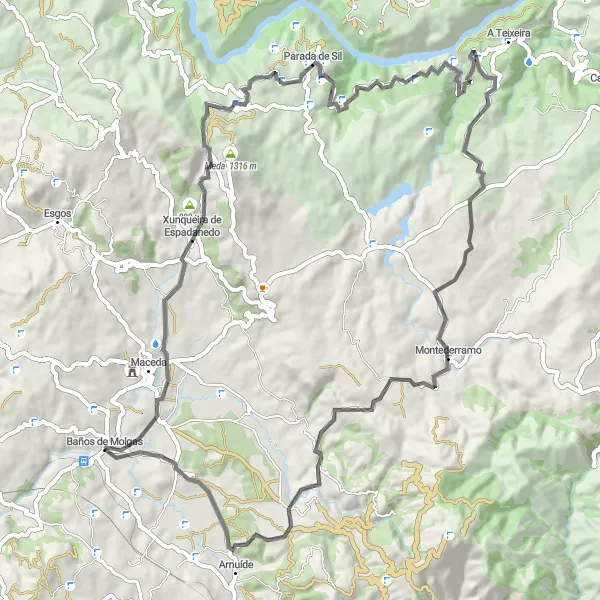 Miniatua del mapa de inspiración ciclista "Ruta ciclista de carretera desde Baños de Molgas" en Galicia, Spain. Generado por Tarmacs.app planificador de rutas ciclistas