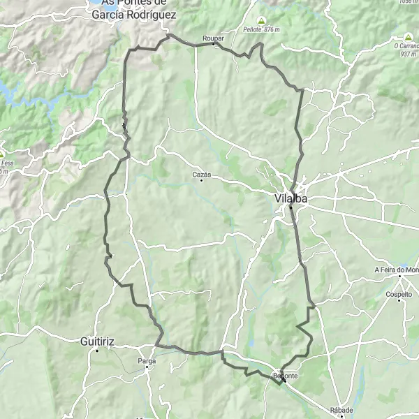 Karten-Miniaturansicht der Radinspiration "Von Begonte nach Illán de Abaixo auf der Straße" in Galicia, Spain. Erstellt vom Tarmacs.app-Routenplaner für Radtouren