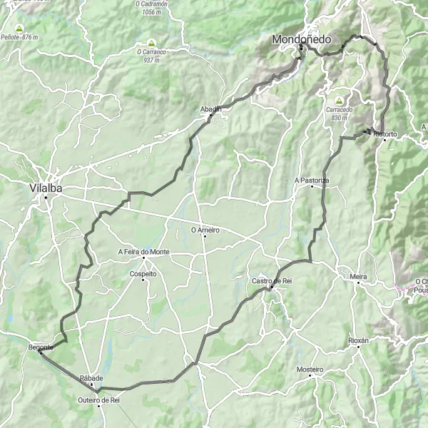 Miniaturní mapa "Významná silniční cyklotrasa kolem Begonte" inspirace pro cyklisty v oblasti Galicia, Spain. Vytvořeno pomocí plánovače tras Tarmacs.app