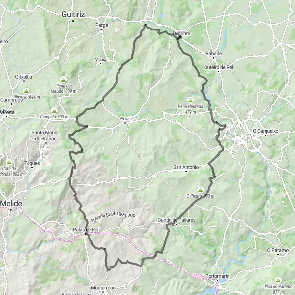 Karten-Miniaturansicht der Radinspiration "Die Herausforderung von Begonte nach Porto Franco" in Galicia, Spain. Erstellt vom Tarmacs.app-Routenplaner für Radtouren