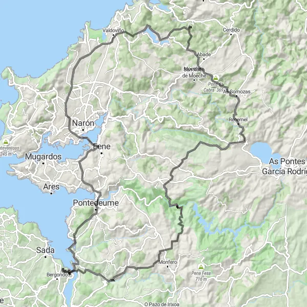 Karten-Miniaturansicht der Radinspiration "Hügelige Route von Bergondo nach Montecelo und zurück" in Galicia, Spain. Erstellt vom Tarmacs.app-Routenplaner für Radtouren