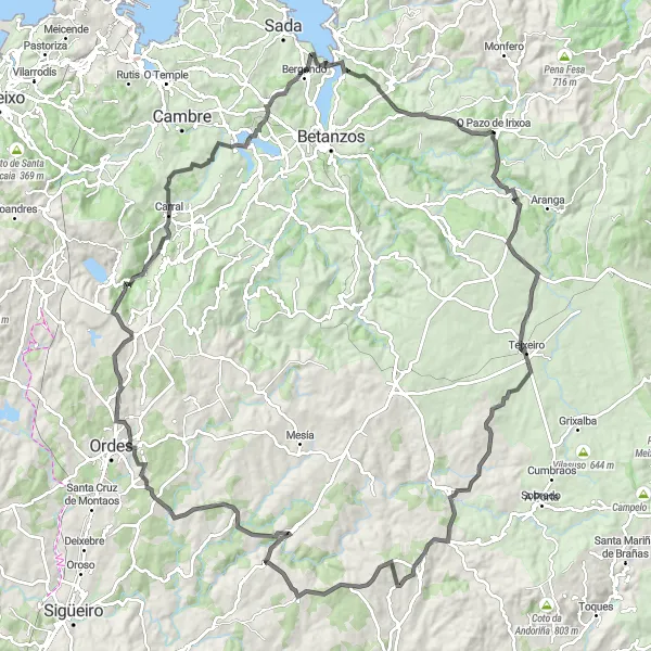 Karten-Miniaturansicht der Radinspiration "Tour von Bergondo nach Trasmil und zurück" in Galicia, Spain. Erstellt vom Tarmacs.app-Routenplaner für Radtouren