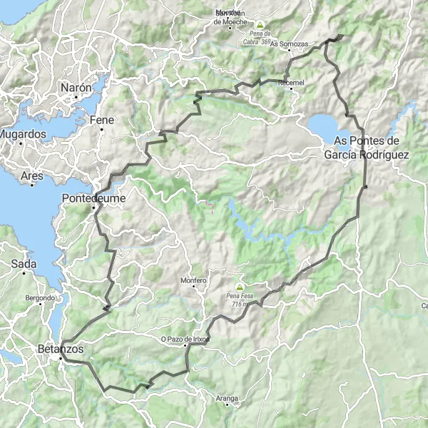 Miniatura della mappa di ispirazione al ciclismo "Avventura ciclistica su strade asfaltate" nella regione di Galicia, Spain. Generata da Tarmacs.app, pianificatore di rotte ciclistiche