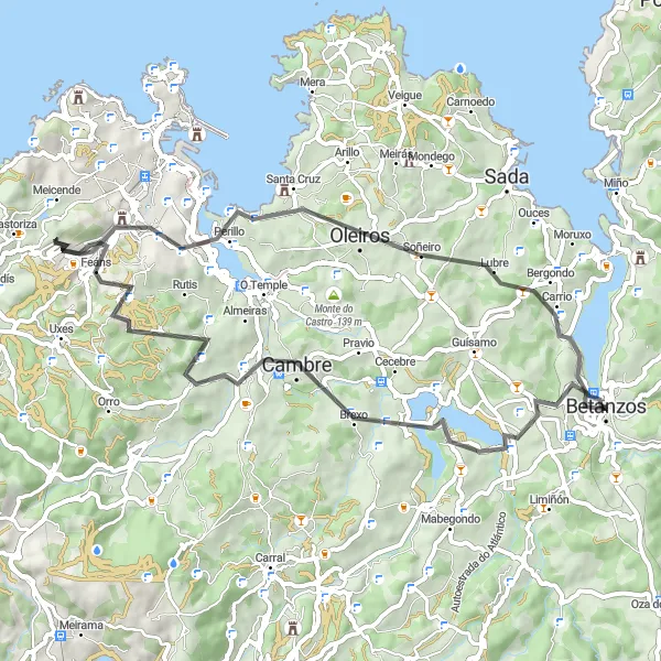 Miniaturní mapa "Betanzos a okolí na silnici" inspirace pro cyklisty v oblasti Galicia, Spain. Vytvořeno pomocí plánovače tras Tarmacs.app