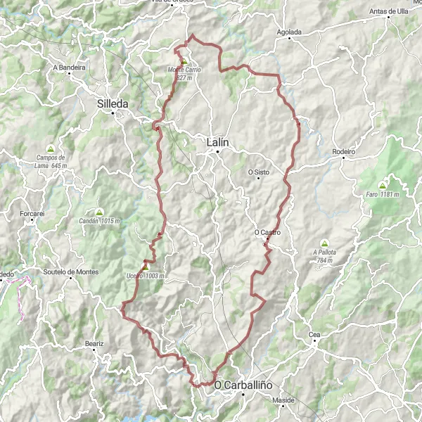 Miniatura della mappa di ispirazione al ciclismo "Giro in bici su sterrato panoramico partendo da Boborás" nella regione di Galicia, Spain. Generata da Tarmacs.app, pianificatore di rotte ciclistiche