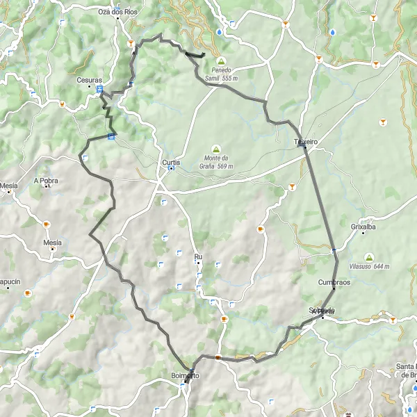 Miniaturní mapa "Road Route A Peteira" inspirace pro cyklisty v oblasti Galicia, Spain. Vytvořeno pomocí plánovače tras Tarmacs.app