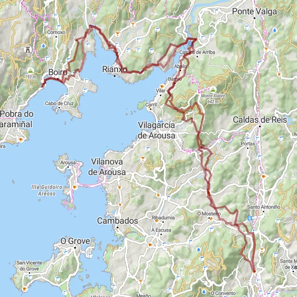 Map miniature of "Gravel Adventure to Peón de Sandrenzo and Torres de Oeste" cycling inspiration in Galicia, Spain. Generated by Tarmacs.app cycling route planner