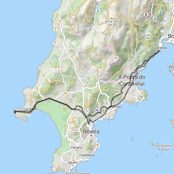Miniatura della mappa di ispirazione al ciclismo "Strada di Escarabote" nella regione di Galicia, Spain. Generata da Tarmacs.app, pianificatore di rotte ciclistiche