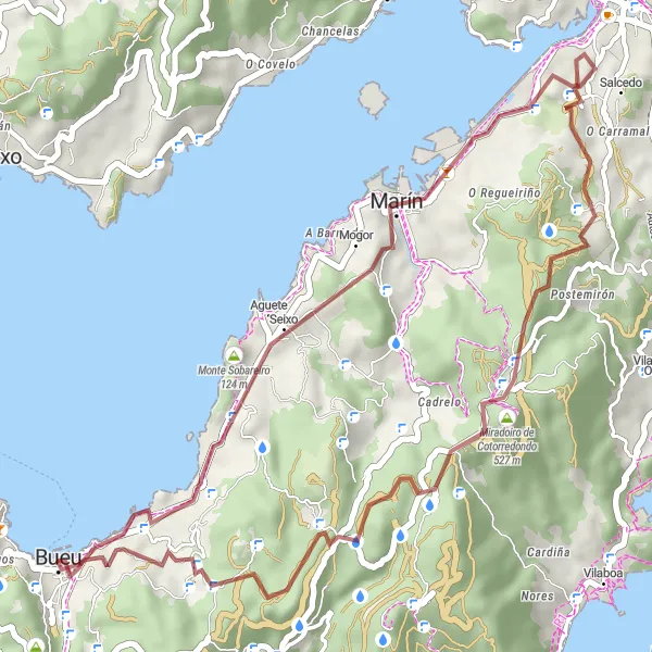 Miniatuurkaart van de fietsinspiratie "Rondrit van Bueu naar Monte Sobareiro en Marín" in Galicia, Spain. Gemaakt door de Tarmacs.app fietsrouteplanner