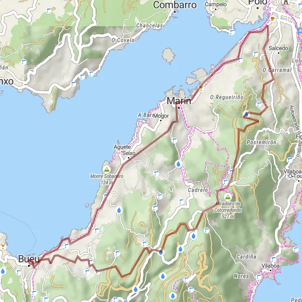 Miniatura della mappa di ispirazione al ciclismo "Esplora la costa da Bueu: Portosanto" nella regione di Galicia, Spain. Generata da Tarmacs.app, pianificatore di rotte ciclistiche