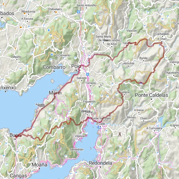 Miniature de la carte de l'inspiration cycliste "Aventure Épique autour de Bueu" dans la Galicia, Spain. Générée par le planificateur d'itinéraire cycliste Tarmacs.app