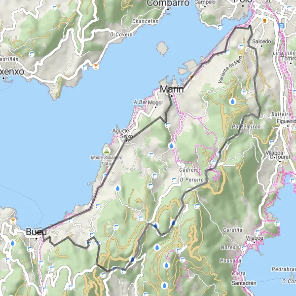 Map miniature of "Bueu Coastal Ride" cycling inspiration in Galicia, Spain. Generated by Tarmacs.app cycling route planner