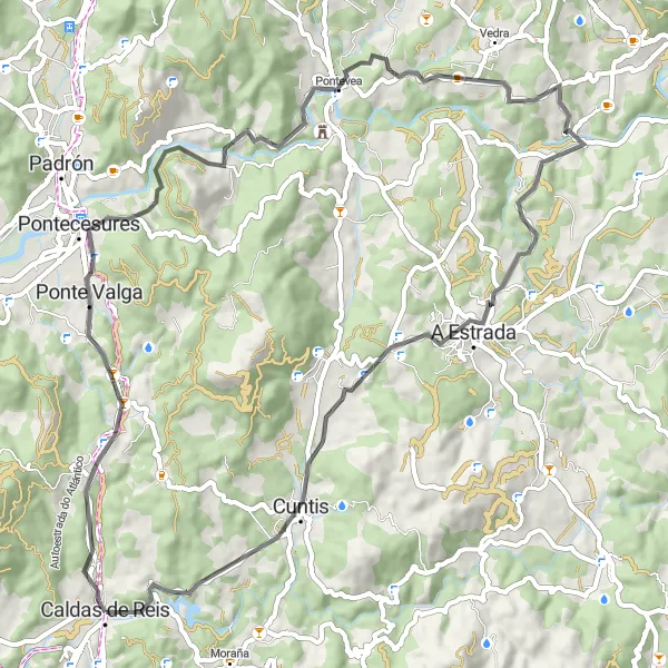 Miniatura mapy "Wspinaczka wokół Caldas de Reis" - trasy rowerowej w Galicia, Spain. Wygenerowane przez planer tras rowerowych Tarmacs.app